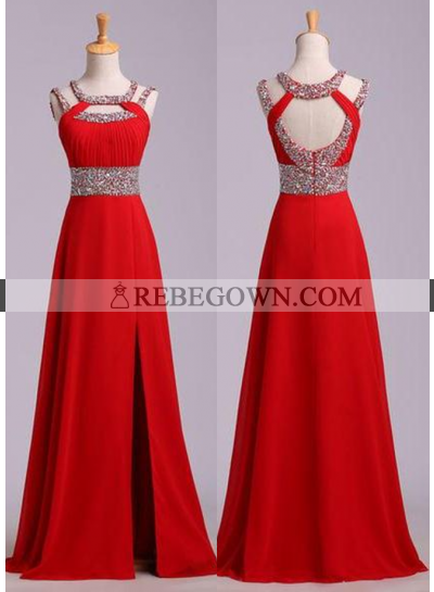 2023 Gorgeous Red Beading Open Back Chiffon Prom Dresses