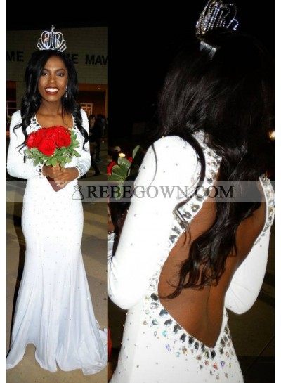 2023 Unique White Backless Long Sleeve Column/Sheath Satin Chiffon  Prom Dresses