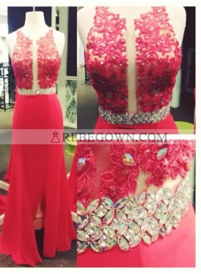 2023 Gorgeous Red Beading Long Floor length Sleeveless A-Line Stretch Satin Prom Dresses