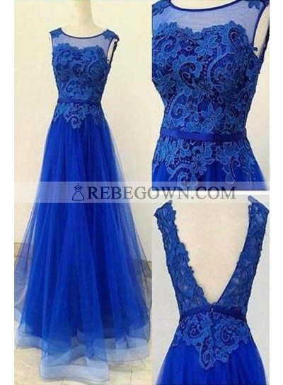rebe gown 2023 Blue Lace Backless A-Line Tulle Prom Dresses