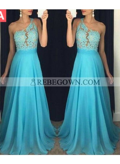 rebe gown 2023 Blue Beading Appliques One Shoulder A-Line Chiffon Prom Dresses