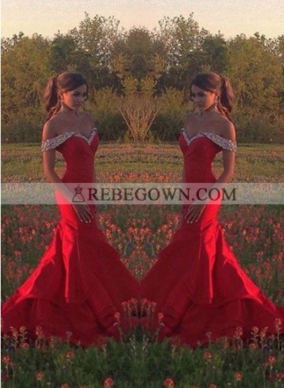 2023 Gorgeous Red Crystal Sweetheart Mermaid Satin Prom Dresses