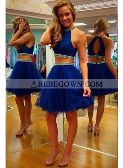 rebe gown 2023 Blue Elegant Beading Halter Tulle Two Pieces Prom Dresses