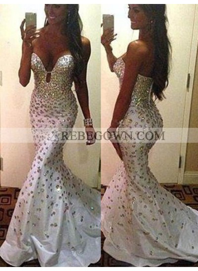2023 Unique White Beading Sweetheart Mermaid Prom Dresses