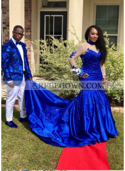 Amazing Royal Blue Long Sleeves Satin Long Train Plus Size Prom Dresses With Appliques