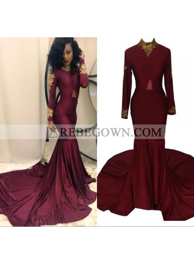Sexy Mermaid  Burgundy Long Sleeves Long Train High Neck African Women's Prom Dresses