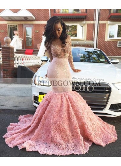 Amazing Pink Long Sleeves Rose Mermaid  Transparent Prom Dresses With Beads 
