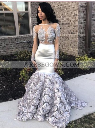New Arrival Silver Mermaid  Long Sleeves Transparent Rose Decoration Prom Dresses