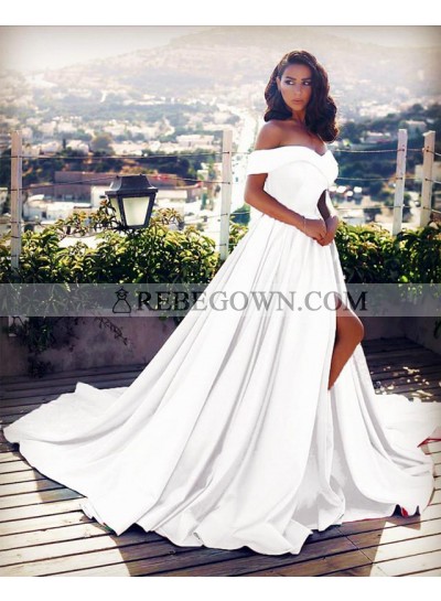 Elegant Off Shoulder White Side Slit Satin Long Train White Prom Dresses