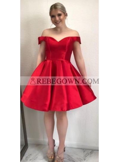 Red Short Off Shoulder Satin Knee Length Prom Dresses