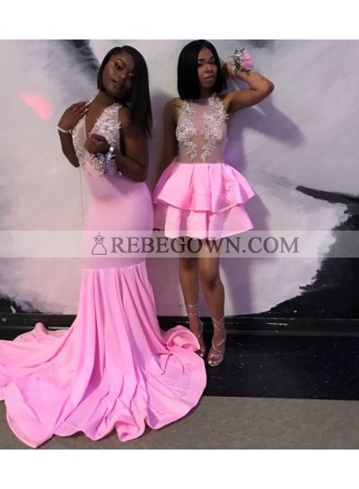 Pink Long Mermaid  Elastic Satin V Neck Prom Dresses With Appliques