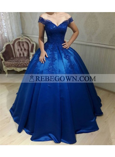 2023 New Arrival Royal Blue Off Shoulder Lace Up Back Satin Sweetheart Ball Gown Prom Dresses