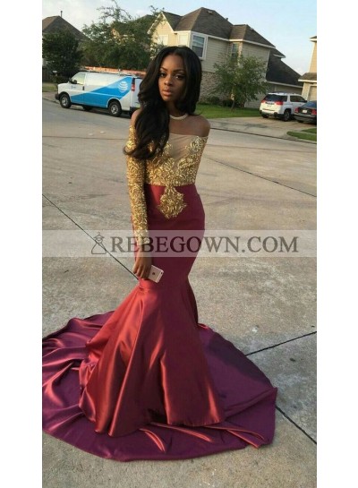 Sexy Mermaid  Burgundy Satin Off Shoulder Prom Dresses With Gold Appliques