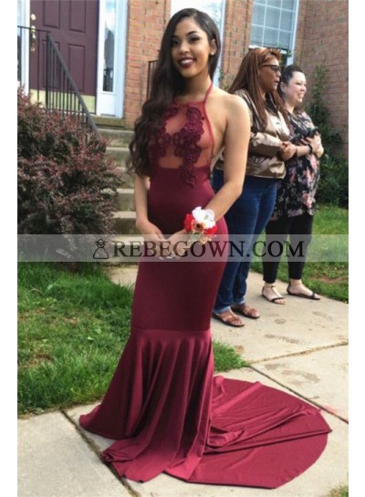 Sexy Sheath Burgundy Long Train Backless Transparent Halter Prom Dresses With Appliques 