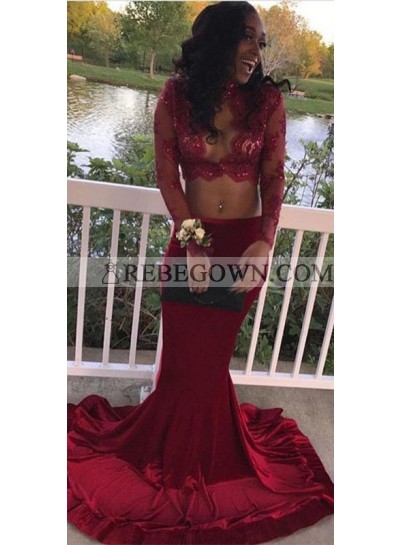 Charming Sweetheart Burgundy Long Sleeves Two Pieces Prom Dresses 