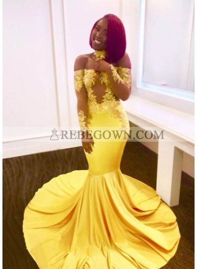 Off Shoulder Mermaid  Long Sleeves Yellow Long Train Prom Dresses With Appliques 