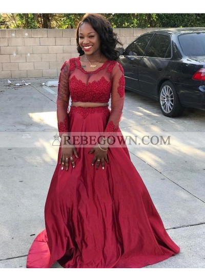 A Line Red Long Sleeves Tulle Two Pieces Transparent Prom Dresses
