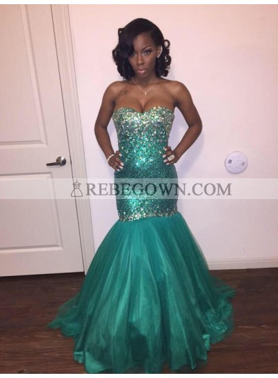 Sexy Green Mermaid  Sequence Tulle Strapless Prom Dresses
