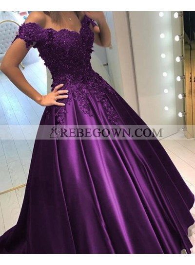 Classic Regency Off Shoulder Satin Sweetheart Beaded Ball Gown Prom Dresses