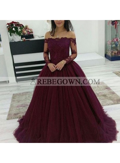 Off Shoulder Burgundy Long Sleeves Tulle Ball Gown Prom Dresses With Appliques