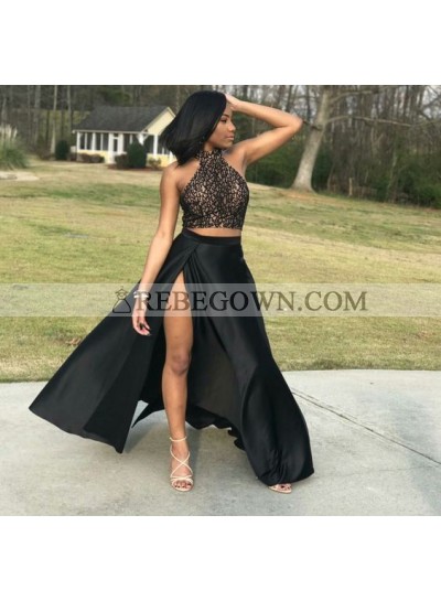New Arrival Two Pieces High Neck A Line Black Side Slit Prom Dresses