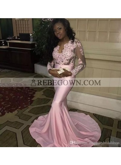 Pink Mermaid  Long Sleeves Appliques Elastic Satin 2023 Prom Dresses