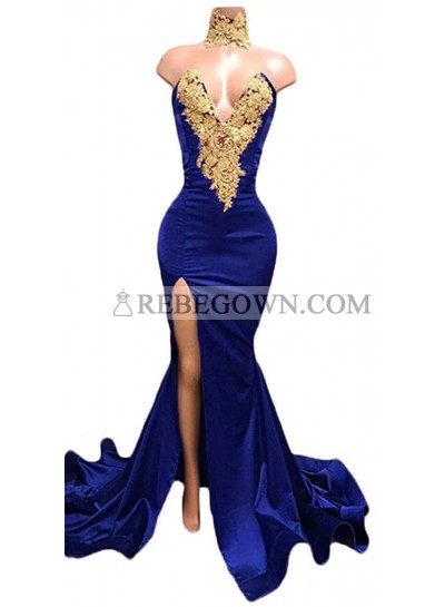 Charming Royal Blue Mermaid  Sweetheart Side Slit Satin Prom Dresses With Gold Appliques