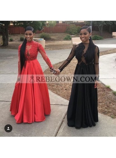 Black A Line Red Long Sleeves See Through Satin Prom Dresses With Appliques