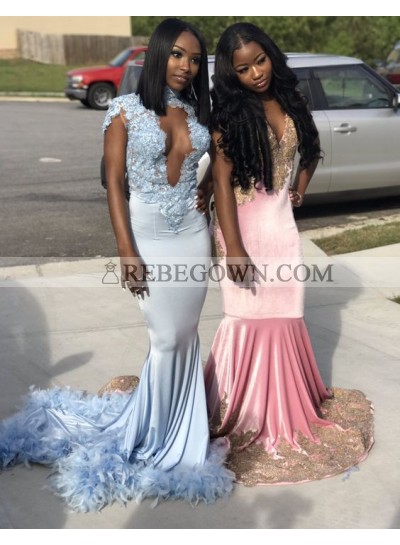 Newly Deep V Neck Blue Mermaid  Prom Dresses With Feathers