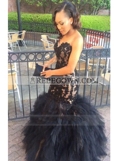 Sexy Mermaid  Black Sweetheart Tulle With Appliques Pleated Ruffles Prom Dresses