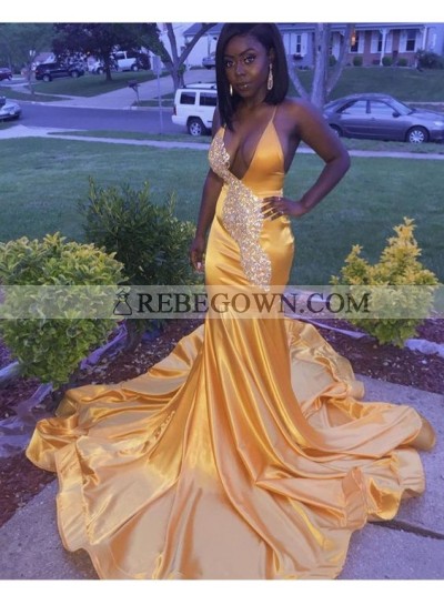 Gold Mermaid  Deep V Neck Satin Beaded Halter Prom Dresses With Long Train