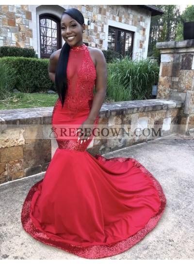 Sexy Red Mermaid  Satin See Through Backless Sequence African Prom Dresses 2023