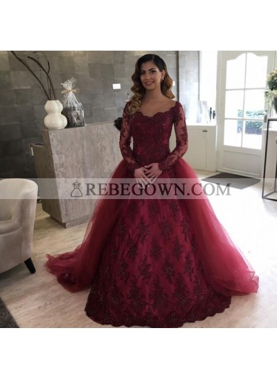 Elegant Burgundy Long Sleeves Lace Tulle Ball Gown Prom Dresses