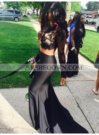 Sexy Black Long Sleeves Lace Two Pieces Mermaid  Prom Dresses