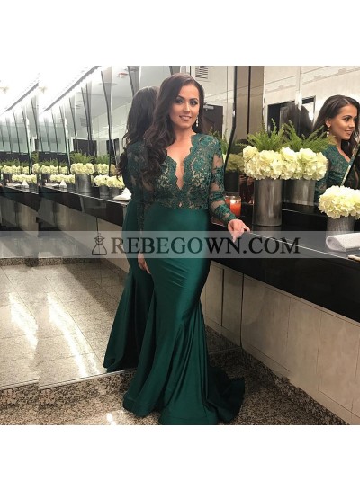 Charming Teal Long Sleeves Lace Deep V Neck Elastic Satin Prom Dresses