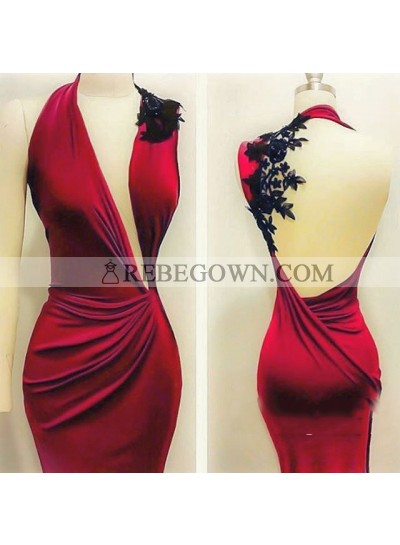Sexy Mermaid  Red Backless With Appliques Ruffles Long Prom Dresses