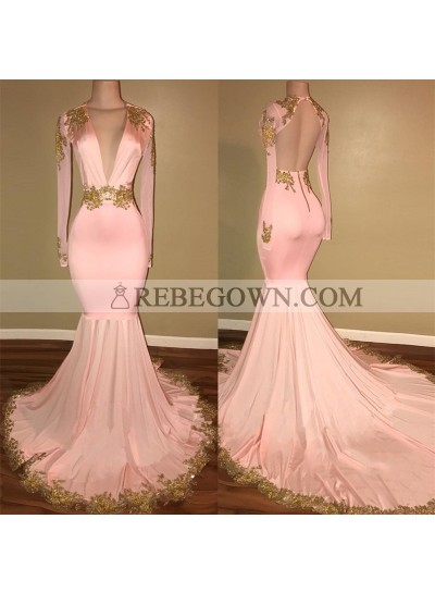 Long Sleeves Blushing Pink Deep V Neck Mermaid  Backless With Gold Appliques Prom Dresses