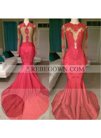 2018 Red Mermaid  See Through Long Sleeves Satin Appliques Long Prom Dresses