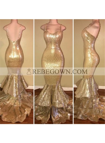 Charming Gold Sequence Spaghetti Straps Sweetheart Ruffles Long Mermaid  Prom Dresses