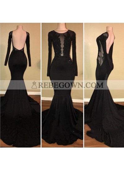 Sexy Black Mermaid  See Through Long Sleeves Elastic Satin Backless Appliques Long Prom Dresses 