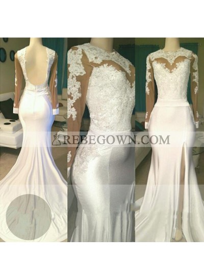 White Sheath Backless See Through Long Sleeves Side Slit Long Prom Dresses 2023 