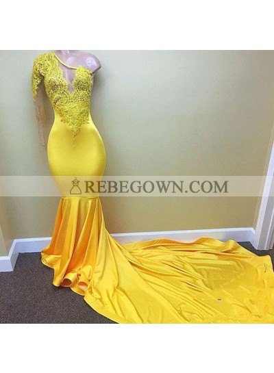 Charming One Shoulder Yellow See Through Mermaid  Long Prom Dresses