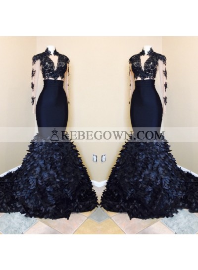 Dark Navy Mermaid  Long Sleeves See Through Leaves Pleated African Prom Dresses