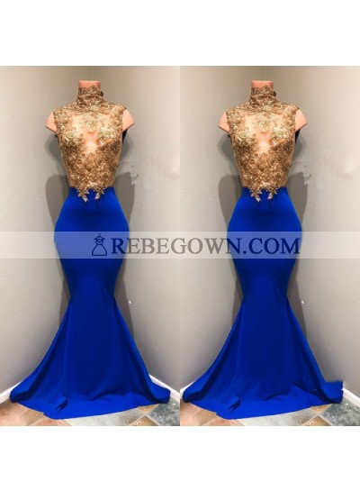 Charming Royal Blue Mermaid  See Through Gold Appliques African Long Prom Dresses