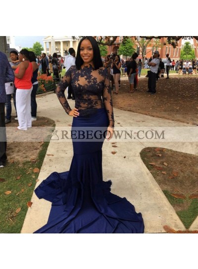 Dark Navy Mermaid  Long Sleeves See Through Long Prom Dresses With Appliques