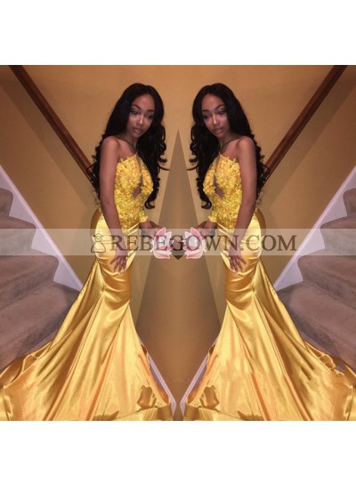 Gold One Shoulder Elastic Satin With Appliques Mermaid  Long African Prom Dresses