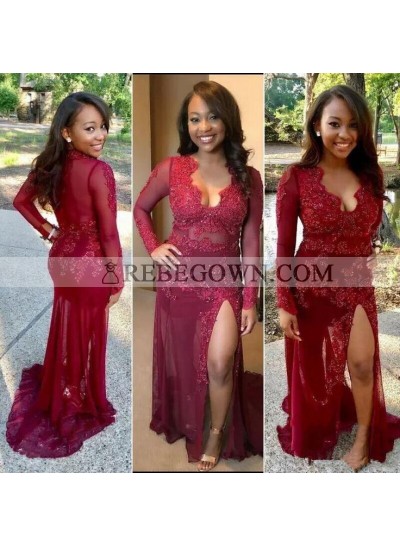 Cheap Sheath Burgundy Long Sleeves Side Slit See Through Tulle Prom Dresses