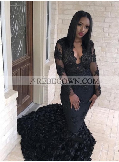 Sexy Black Mermaid  Long Sleeves Pleated V Neck African Tulle Long Prom Dresses