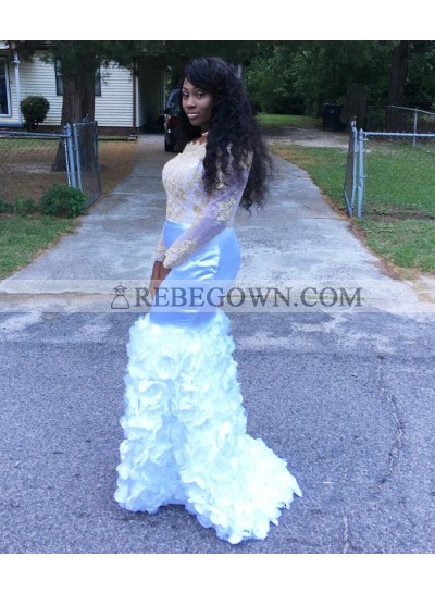White Long Sleeves Off Shoulder Satin Mermaid  African Lace Pleated Prom Dresses