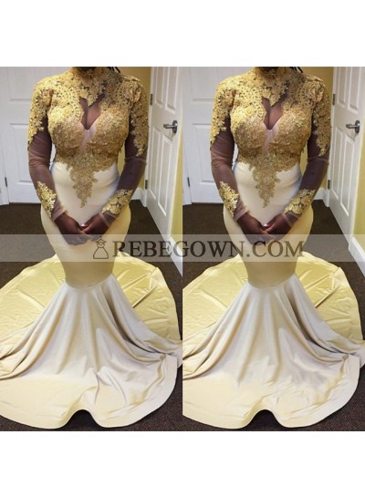 Champagne With Gold Appliques Long Sleeves Satin Mermaid  African Long Prom Dresses